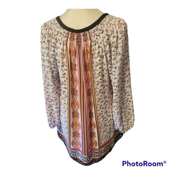 DR2 Daniel Rainn Women's Black White Pink Floral Peasant Boho Blouse Size L - Picture 3 of 5